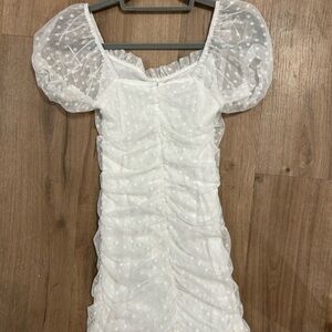 White Polka Dot Ruched Dress